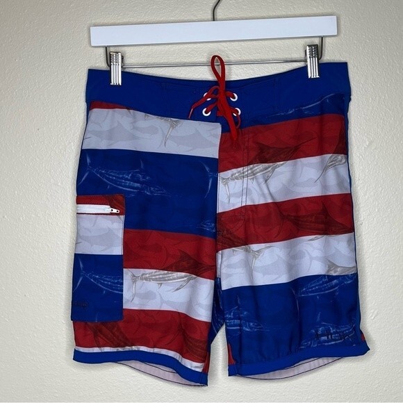 Huk Performance Fishing KC Scott Blue Marlin Board Shorts Flag Patriotic Men 30 - Picture 14 of 14